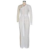 Women Sexy One Shoulder Long Sleeve Hollow Out Knitted High Slit Bodycon Maxi Club Party Beach Dress ZS-013