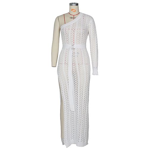 Women Sexy One Shoulder Long Sleeve Hollow Out Knitted High Slit Bodycon Maxi Club Party Beach Dress ZS-013
