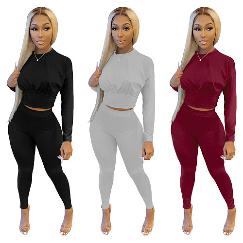 Autumn Casual Solid Color Women Long Sleeve Waist Shaped Crop Top Pencil Pants Sporty 2 Piece Set SHD-9361