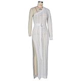 Women Sexy One Shoulder Long Sleeve Hollow Out Knitted High Slit Bodycon Maxi Club Party Beach Dress ZS-013