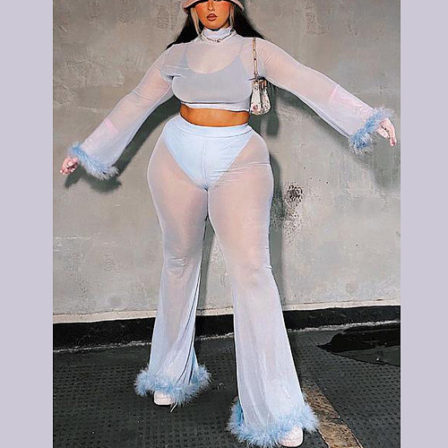 Sexy Feathers Trim See Through Mesh O Neck Long Sleeve Crop Top Pants Women Costume Two Piece Set JLY-19221