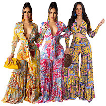 Fashion Bohemian Floral Print Tie Up Women Long Sleeve Lace Up Crop Top Wide Leg Pants 2 Pieces Sets SFY-2125