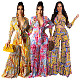 Fashion Bohemian Floral Print Tie Up Women Long Sleeve Lace Up Crop Top Wide Leg Pants 2 Pieces Sets SFY-2125