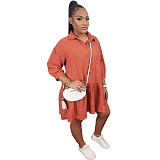 2021 New Solid Color Women Clothes Long Sleeve Polo Neck Ruffles Hem Loose Fitting Mini Dress ORY-5200