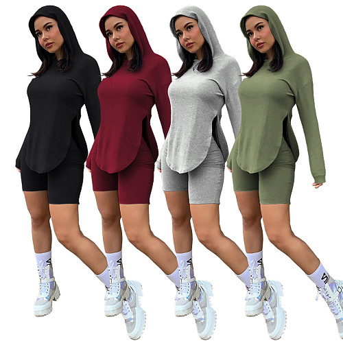 Solid Casual Women Side Slit Long Sleeve Hoodies Top Biker Shorts Joggers Autumn 2 Piece Sets ASL-6395