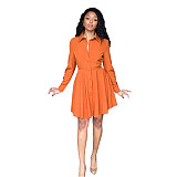 2021 New Solid Color Ladies Office Clothes Elegant Lapel Long Sleeve Button Pleated Shirt Midi Dress AIL-177