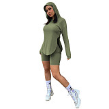 Solid Casual Women Side Slit Long Sleeve Hoodies Top Biker Shorts Joggers Autumn 2 Piece Sets ASL-6395
