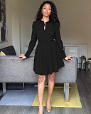 2021 New Solid Color Ladies Office Clothes Elegant Lapel Long Sleeve Button Pleated Shirt Midi Dress AIL-177