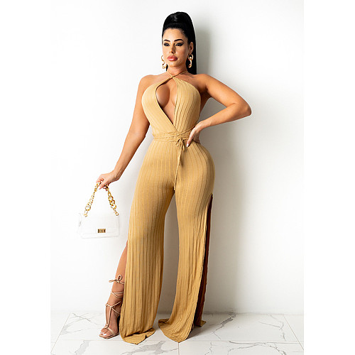 2021 Summer Women Sexy Sleeveless Spaghetti Strap Solid Low Cut Halter Backless Wide Leg Jumpsuit SD-26124