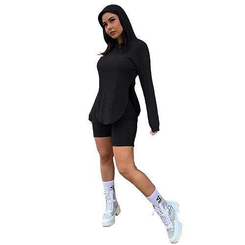 Solid Casual Women Side Slit Long Sleeve Hoodies Top Biker Shorts Joggers Autumn 2 Piece Sets ASL-6395