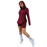 Solid Casual Women Side Slit Long Sleeve Hoodies Top Biker Shorts Joggers Autumn 2 Piece Sets ASL-6395