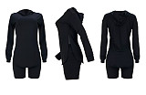 Solid Casual Women Side Slit Long Sleeve Hoodies Top Biker Shorts Joggers Autumn 2 Piece Sets ASL-6395