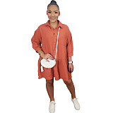 2021 New Solid Color Women Clothes Long Sleeve Polo Neck Ruffles Hem Loose Fitting Mini Dress ORY-5200