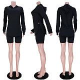Solid Casual Women Side Slit Long Sleeve Hoodies Top Biker Shorts Joggers Autumn 2 Piece Sets ASL-6395