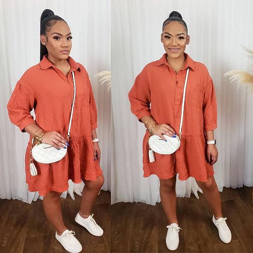 2021 New Solid Color Women Clothes Long Sleeve Polo Neck Ruffles Hem Loose Fitting Mini Dress ORY-5200
