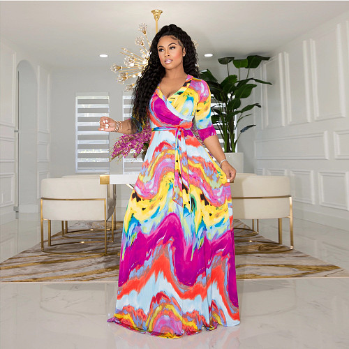 Elegant Abstract Printed Women Three Quarter Sleeve V Neck Bandage Summer Vacation Maxi Dress JLY-19216