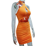 Summer Sexy Solid Color Off Shoulder Sleeveless Hollow Out Halter Backless Bodycon Pleated Mini Dress MS-1620