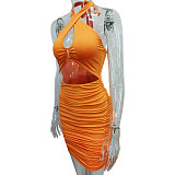 Summer Sexy Solid Color Off Shoulder Sleeveless Hollow Out Halter Backless Bodycon Pleated Mini Dress MS-1620