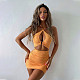 Summer Sexy Solid Color Off Shoulder Sleeveless Hollow Out Halter Backless Bodycon Pleated Mini Dress MS-1620