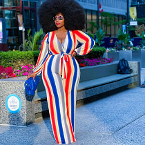 Sexy V-Neck Striped Printed Women Long Sleeve Loose Fit Plus Size Wide Leg One Piece Jumpsuits JLY-19220