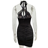 Summer Sexy Solid Color Off Shoulder Sleeveless Hollow Out Halter Backless Bodycon Pleated Mini Dress MS-1620