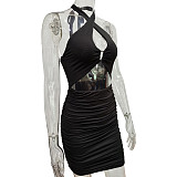 Summer Sexy Solid Color Off Shoulder Sleeveless Hollow Out Halter Backless Bodycon Pleated Mini Dress MS-1620