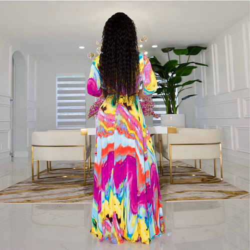 Elegant Abstract Printed Women Three Quarter Sleeve V Neck Bandage Summer Vacation Maxi Dress JLY-19216