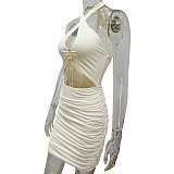 Summer Sexy Solid Color Off Shoulder Sleeveless Hollow Out Halter Backless Bodycon Pleated Mini Dress MS-1620
