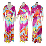 Elegant Abstract Printed Women Three Quarter Sleeve V Neck Bandage Summer Vacation Maxi Dress JLY-19216