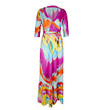 Elegant Abstract Printed Women Three Quarter Sleeve V Neck Bandage Summer Vacation Maxi Dress JLY-19216
