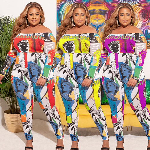 Fashion Off Shoulder Long Sleeve Vintage Print High Waist Women Plus Size Clothing One Piece Jumpsuit JLY-19223