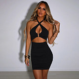 Summer Sexy Solid Color Off Shoulder Sleeveless Hollow Out Halter Backless Bodycon Pleated Mini Dress MS-1620