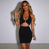 Summer Sexy Solid Color Off Shoulder Sleeveless Hollow Out Halter Backless Bodycon Pleated Mini Dress MS-1620