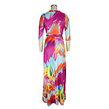 Elegant Abstract Printed Women Three Quarter Sleeve V Neck Bandage Summer Vacation Maxi Dress JLY-19216