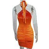 Summer Sexy Solid Color Off Shoulder Sleeveless Hollow Out Halter Backless Bodycon Pleated Mini Dress MS-1620
