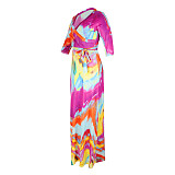 Elegant Abstract Printed Women Three Quarter Sleeve V Neck Bandage Summer Vacation Maxi Dress JLY-19216