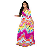Elegant Abstract Printed Women Three Quarter Sleeve V Neck Bandage Summer Vacation Maxi Dress JLY-19216