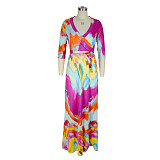 Elegant Abstract Printed Women Three Quarter Sleeve V Neck Bandage Summer Vacation Maxi Dress JLY-19216