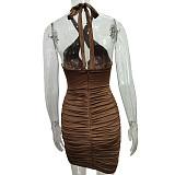Summer Sexy Solid Color Off Shoulder Sleeveless Hollow Out Halter Backless Bodycon Pleated Mini Dress MS-1620
