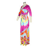 Elegant Abstract Printed Women Three Quarter Sleeve V Neck Bandage Summer Vacation Maxi Dress JLY-19216