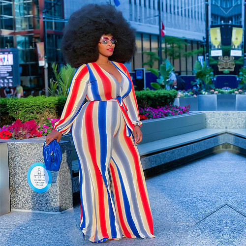 Sexy V-Neck Striped Printed Women Long Sleeve Loose Fit Plus Size Wide Leg One Piece Jumpsuits JLY-19220
