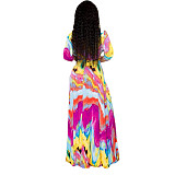 Elegant Abstract Printed Women Three Quarter Sleeve V Neck Bandage Summer Vacation Maxi Dress JLY-19216