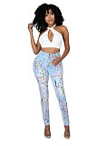 Hot Sales Women Streetwear Splash-ink High Waist Washed Ripped Skinny Denim Pencil Pants OSM-5318