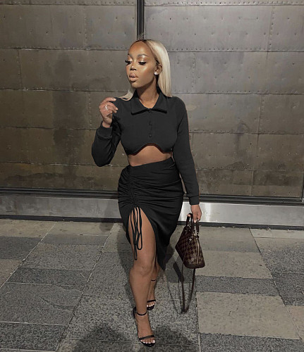 Women Fashion Solid Color Lapel Long Sleeve Crop Top Drawstring Bandage Slit Midi Skirt Two Piece Set NM-8378