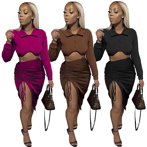 Women Fashion Solid Color Lapel Long Sleeve Crop Top Drawstring Bandage Slit Midi Skirt Two Piece Set NM-8378