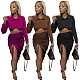 Women Fashion Solid Color Lapel Long Sleeve Crop Top Drawstring Bandage Slit Midi Skirt Two Piece Set NM-8378