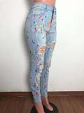 Hot Sales Women Streetwear Splash-ink High Waist Washed Ripped Skinny Denim Pencil Pants OSM-5318