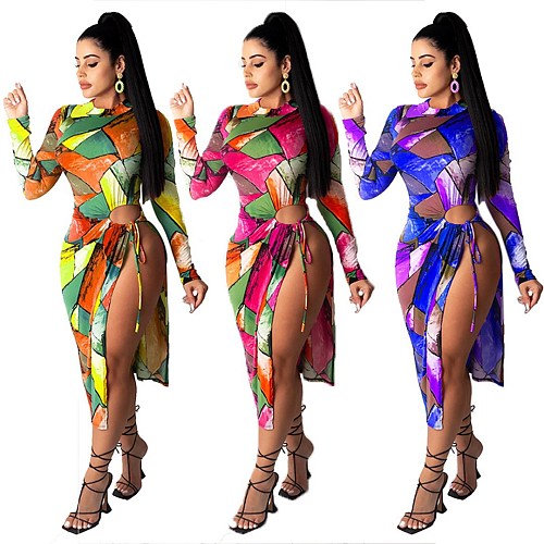 Sexy Print Women Long Sleeve Skinny Stretch Lace Up Hollow Out High Slit Night Clubwear Maxi Dress YMT-6230