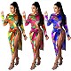 Sexy Print Women Long Sleeve Skinny Stretch Lace Up Hollow Out High Slit Night Clubwear Maxi Dress YMT-6230
