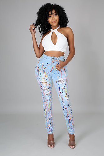 Hot Sales Women Streetwear Splash-ink High Waist Washed Ripped Skinny Denim Pencil Pants OSM-5318